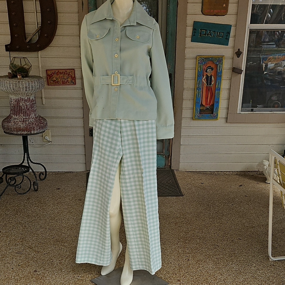Vintage 60's Slax n Stuf Stylish Pale Green Jacket & checkered Pants Suit Set xs